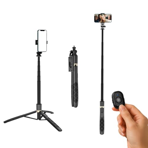 Image of Amazon Basics 61 inch Long Selfie Stick Tripod with Bluetooth Remote, Aluminium, 360 Rotatable Phone Holder, 1 /4 inch Screw for Camera & Ring Light, for Vlogging, Live Streaming & Travel