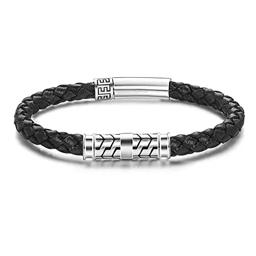 Carleen Destination 925 Sterling Silver Genuine Mens Leather Bracelet Braided Rope Energy Charm Magnetic STAINLESS STEEL Clasp Valentine's Day Jewelry Gift, 8.3