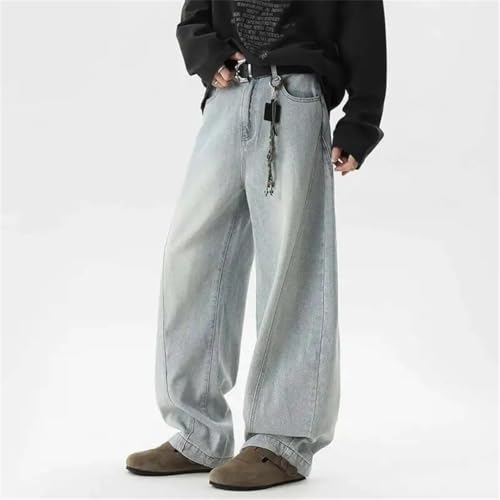 Men's Curved Denim Pants Pattern Splicing Solid Color Wide Leg Bottom Straight Loose Jeans4