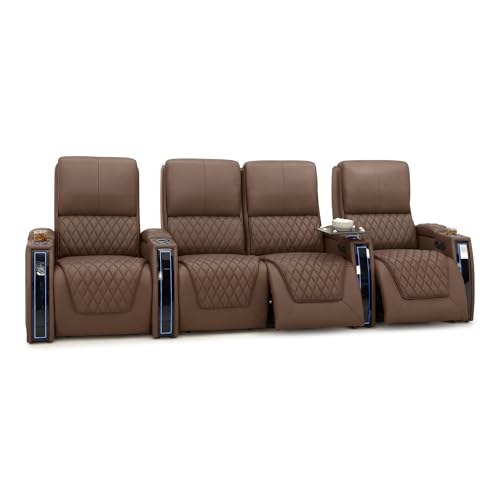 Image of Seatcraft Apex Tobacco Italian Leather Home Theater Seating, Zero Gravity Power Recliner Chair Powered Headrest and Lumbar Gaming and Lounge Sofa Furniture for Cinema Room, Row of 4 Middle Loveseats