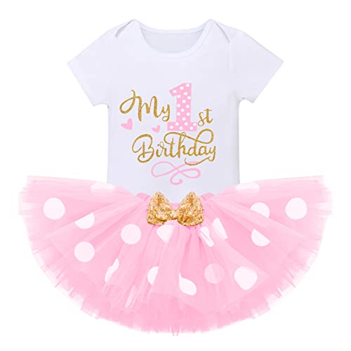 Wild One Mini Cartoon First Birthday Clothes For Little Girls One-Piece Bodysuit 1St Crown Romper+Ruffle Tulle Polka Dots Dress+Bowknot Headband 3Pcs Christmas Clothings Et My 1St Birthday Pink #TOP16