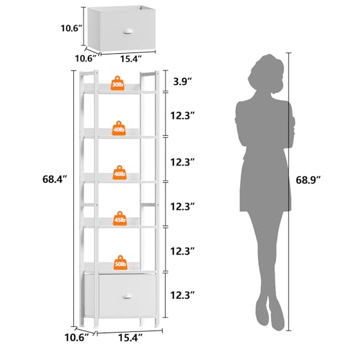 Image of Furologee 6 Tier Bookshelf, Tall Shelf with Drawer, Wood and Metal Bookshelves Storage Organizer, Modern Display Shelving Unit for Bedroom, Living Room, Home Office, White