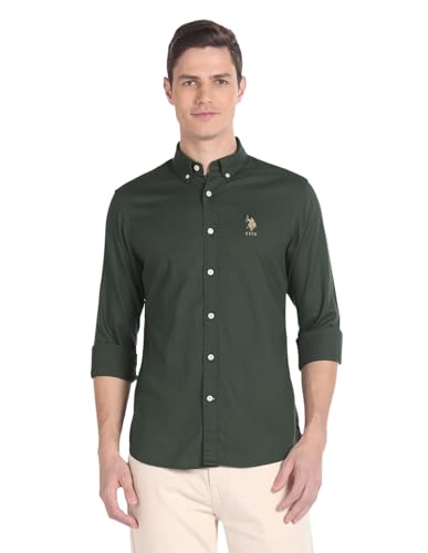 Image of U.S. POLO ASSN. Solid Tailored Fit Cotton Shirts for Men - 100% Cotton, Full Sleeve Mens Casual Shirts - M, Olive
