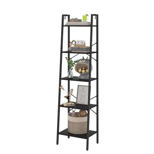 Image of Hzuaneri 5-Tier Ladder Shelf, Bookshelf Bookcase, Freestanding Corner Storage Shelve with 2 Hooks for Home Office, Living Room, Kitchen, Bedroom, Industrial, Black BC19204B