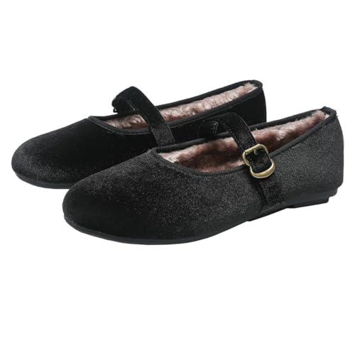 Betastella Womens Faux Fur Lined Mary Jane Flats Round Toe Ankle Strap Pumps Warm Comfortable Ballet Shoes