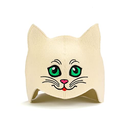 Natural Textile Gorro de Sauna 'Green Kitten' Blanc - Sombreros de Lana 100% Orgánica - Protección capilar del calor - Incluye guía eBook de saunas en inglés - Bordados Cover