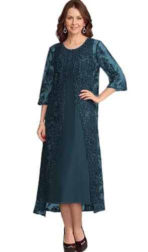 2 Pieces Mother of The Bride Dresses Applique Lace Chiffon Tea Length Formal Wedding Guest Dress with Jackets JH026