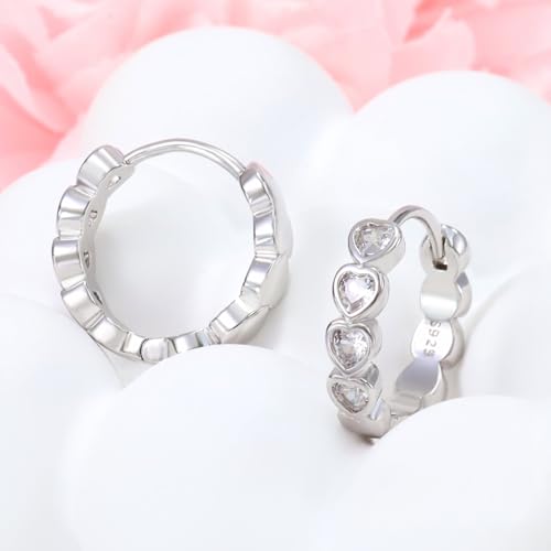 Heart Hoop Earrings with White Cubic Zirconia Sterling Silver Love Heart Huggie Earrings Cartilage Tiny Cute Small Huggie Hoops Hypoallergenic for Sensitive Ear for Women Daughter Birthday Anniversary2