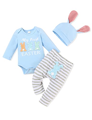Image of Gavol My First Easter Baby Boy Outfit Rabbit Romper+Stripe Pants +Rabbit Ear Hat 3pcs Clothing Set 0-12months
