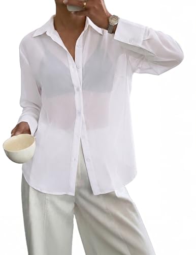 Totatuit Womens Sheer Button Up Blouse See Through Tops Sexy Button Down Shirt Beach Cover Up White