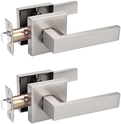 Probrico 2 Pack Square Door Lever Door Lock Handle Lockset Keyless Doorknobs Passage Knobs Lockset Interior Hallway Passage Closet in Satin Nickel