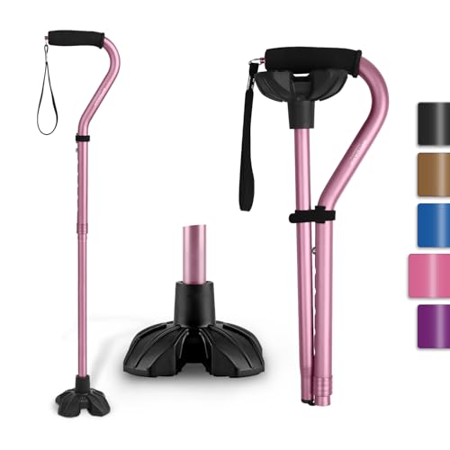 GPTCAMP Walking Cane for Women and Men, Lightweight and Sturdy Offset Walking Stick, Large Quad Base Canes for Seniors, Walking Crutches for People with Leg Injuries(Pink)