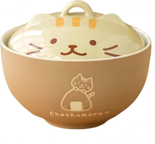 DancJulieどんぶり 食器 茶碗 猫柄 ラーメン丼 蓋付き 大容量 キッチン用品 セラミック ラーメン ラーメン碗 ご飯 和食器 ご飯 ボウル 即席めん丼 猫柄スープボウル キッチンの朝食にオートミール 食洗機/電子レンジ対応 (カーキ) [並行輸入