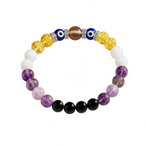 Image of Meen (Pisces) Rashi Bracelet | Black Tourmaline, Lepidolite, Amethyst, Aquamarine, Citrine, Evil Eye | For Pisces Intuition & Spirituality | Balances Emotion & Insight | For Men & Women