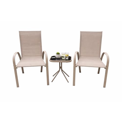 Generico Set da Giardino 3 Pezzi Positano – 2 Sedie con Braccioli + Tavolino con Piano in Vetro Temperato – Struttura in Acciaio, Colore Grigio, Ideale per Balcone e Terrazzo (Tortora)