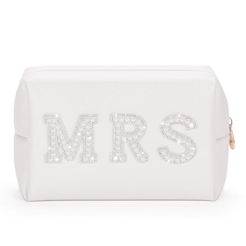 MRS Makeup Tasche, Etercycle Braut Hochzeitsgeschenk Kosmetiktasche, PU Reise Wasserdicht Brauttasche Toiletry Bag Perle Brief Strass Schminktasche für Frauen Mädchen Brautjungfer Geschenke(Silber)