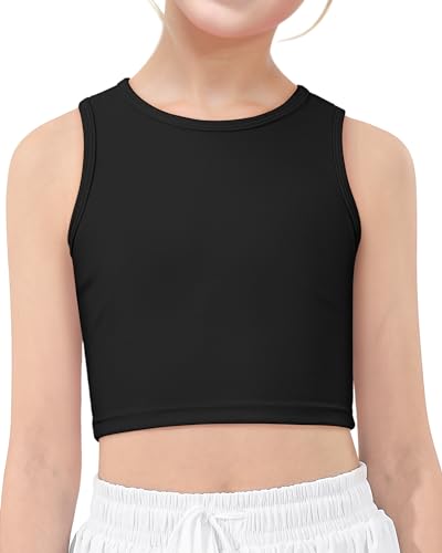 HASMES Girls Dance Tank Tops Sleeveless Round Neck Basic Cute Crop Tops for Kids 12 Years (Black)