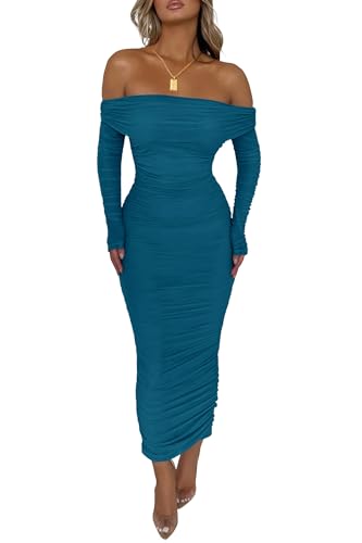 PRETTYGARDEN Women's Fall Off The Shoulder Maxi Dress Spring Long Sleeve Ruched Fitted Bodycon Club Dresses with Slit
