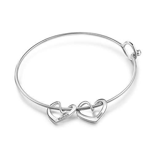 Personalized Bracelet Bangle for Women Adjustable Silver Gold Bracelet with Heart Name Initial Bracelets for Women Christmas Jewelry (Silver, 2 heart)