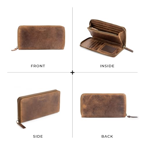 Image of BERLINER BAGS Genuine Leather Zip Wallet Women Margo, Gift Box - Brown | Soft Leather Zip Around Wallet, Fit up to Phone 6.9 inch, 12 Card Slots, 1 ID Window, 1 Coin Pocket, RFID Blocking