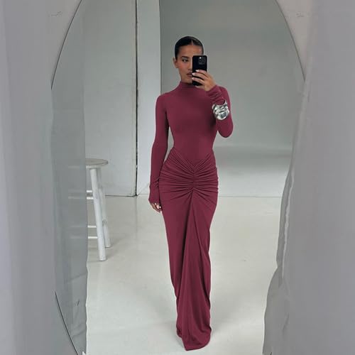 Image of Women's Sexy Turtleneck Long Sleeve Maxi Dress Elegant Ruched Bodycon Long Dress Casual Party Dresses
