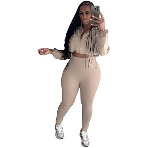 Uni Clau Women 2 Piece Outfits Tracksuit Drawstring Long Sleeve Zip Up Crop Jacket with Bodycon Long Pant Set Sweatsuit Clothes Khaki Cover