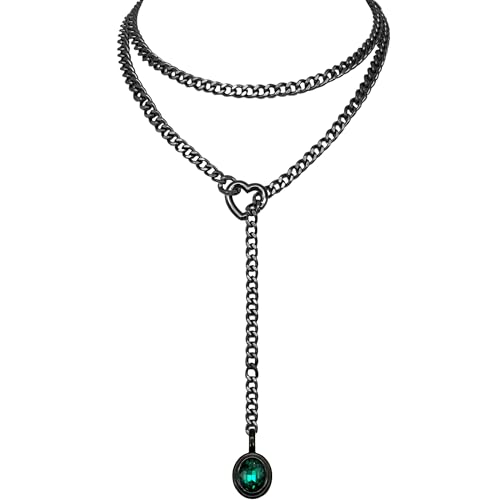 EverGlimp Heart Slip Chain Necklace for Women 39 Inch Cuban Chain Removable Heart O-Ring Crystal Pendant Adjustable Stainless Steel Y-Necklace (Black-Green)