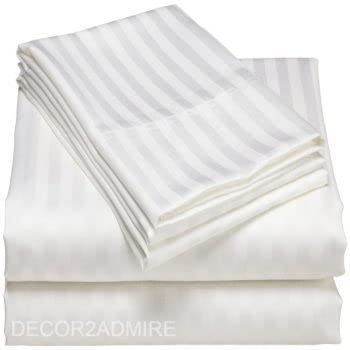 DECOR2ADMIRE 300TC Cotton Plain Stripe Queen Size Double Bedsheet for Double Bed with Two Pillow Covers (Queen, White) (90 * 100 Inches)