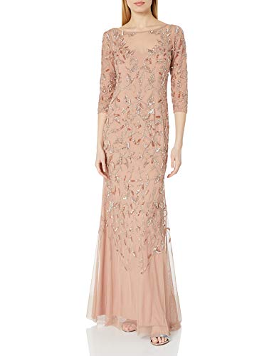 Adrianna Papell Women's Elbow Sleeve Dress Gown with Floral Scroll Beading, Rosegold, 4
