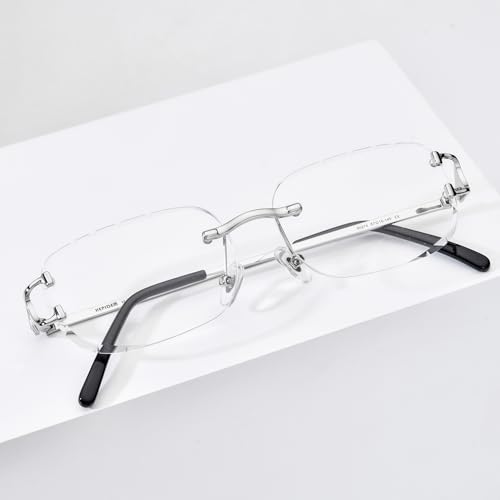 Image of HEPIDEM Vintage Style Rectangular Rimless Metal Eyeglasses for Men,New Frameless Zircon Diamonds Optical Glasses Frame