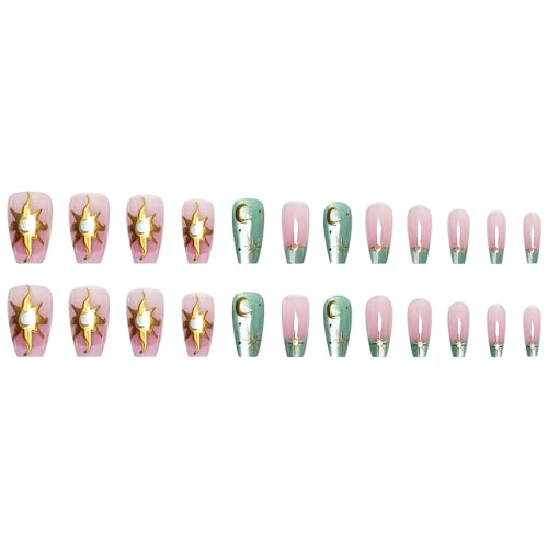 Image of Green Nail Press ons Glitter Fake Nails Sun Moon False Nail with Gold Design Star Glue on Nails Reusable Glossy Full Cover Artificial Acrylic Short Square Stick on Nail for Women Manicure 24Pcs