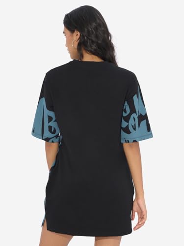 Image of The Souled Store Official Pink Panther: Hot Pink Women and Girls Short Sleeves Round Neck Black Graphic Printed Cotton Mini Oversized T-Shirt Dresses