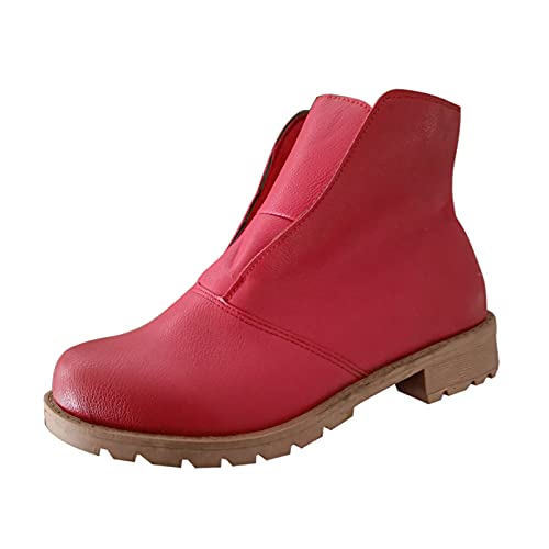 Fullwei Women s Fall Casual Platform Work Hiking Boots Comfortable Boots Winter Leather Low heeled Toe Boots Round Toe Casual Combat𝒮 Low Heels Motorcycle Riding Boot (Red, 7.5)