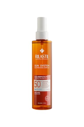 Rilastil Sun System Olio Dermatologico SPF50+, Olio Dermatologico Solare, Protezione Alta, Pelli Sensibili, Resistente all'Acqua, Protezione da raggi UVB e UVA, Protezione 8H, 200ml