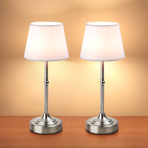 LUTEC Paquete de 2 lámparas de mesa inalámbricas, lámpara plateada que funciona con pilas, atenuación continua de 3 colores, pequeña lámpara de mesita de noche, decoración del hogar para comedor