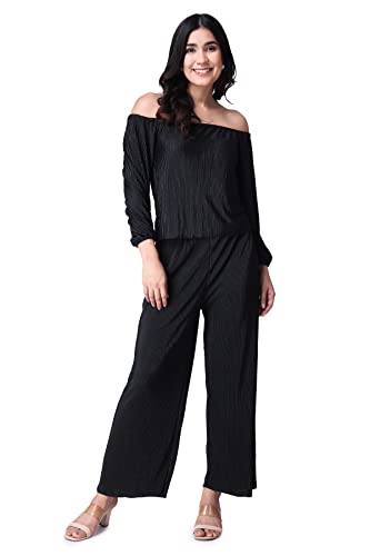 Image of POPWINGS Casual Wrinkle Full Sleeves Off-Shoulder Top and Palazzo Co-ord Set for Women || Co-Ords Set for Women Stylish Western || Top and Palazzos Set for Women|| 2 Piece Set for Women