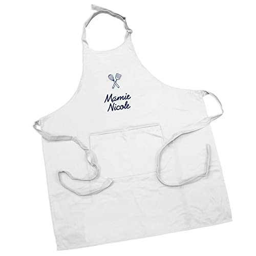 Amikado Delantal de cocina 100% algodón orgánico, bordado de nombre, patrón, varios colores, ideal para regalo personalizado, color blanco