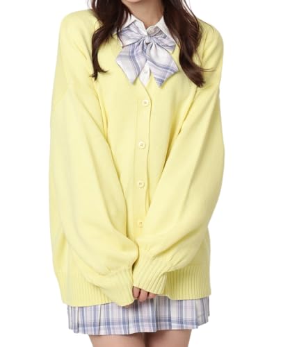 [ウィゴー] だぼ袖 ゆったり スクールカーディガン カーディガン レディース ニット トップス 学生 服 制服 アウター 無地 羽織 女子 通学 高校生 中学生 秋服 ギフト レディース F イエロー