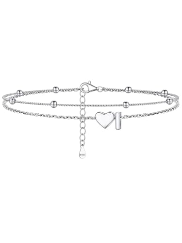 Image of PROSILVER Ankle Bracelets for Women S925 Sterling Silver Anklets for Women Waterproof, Dainty Layered Heart Anklet, Beach Initial Anklet for Summer, Letter A-Z