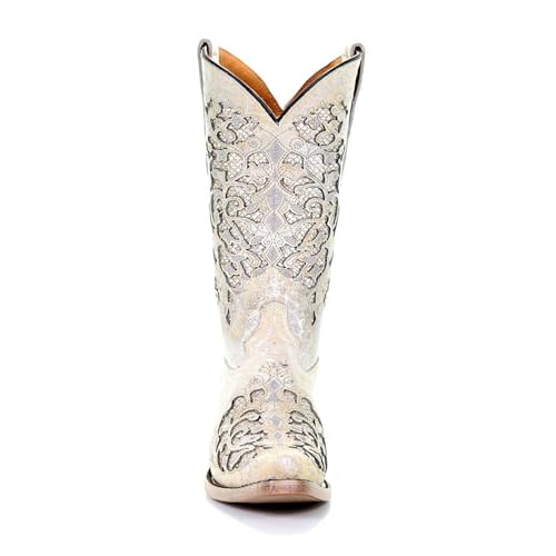 Corral Boots Teen's White Glitter Inlay & Embroidery Snip Toe Cowboy Boots for Girls | Low Heel Leather Western Cowgirl Boots2
