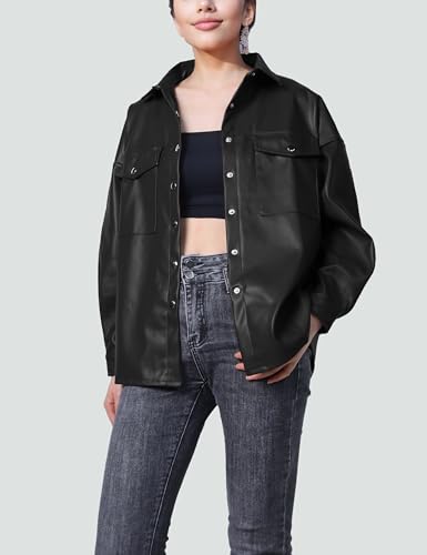 SeekMe Women's PU Leather Jacket Shacket Button Down Lapel Blazer Coat with Bust Pocket3