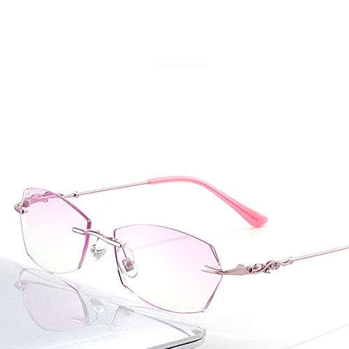 DIBAKO Women Frameless Reading Glasses Far and Near Dual-Use Diamond Cut Edge Readers Tinted Eyeglasses Anti-Blue Eyewear (Color : Purple, Size : +3.50)