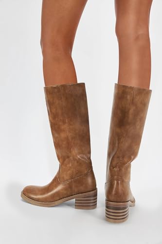 Image of DOEYG Women's Banana Knee High Boots Square Toe Chunky Block Heel Tall Boots Wide Calf Fashion Comfortable Casual Pull on Long Boots