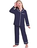 Veseacky 100% Cotton Pajama for Kids Girls Boys Long Sleeve Button Down Pjs Set Navy Blue 5-6 Years