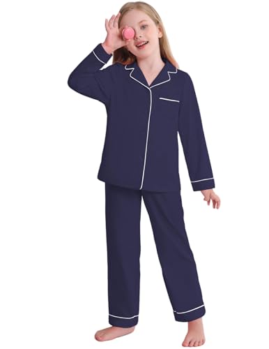 Veseacky Unisex Girls Boys Pajamas Long Sleeve Sleepwear Button-Down 2 Pcs Pjs Set for 5-14 Years