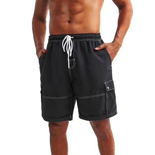 riemot Badeshorts Herren Schnelltrocknend Badehose mit Elastischem Bund und Mesh-Innenfutter,Schwimmshorts, Leichte Sommer Shorts für Strand und Freizeit,Schwarz,3XL