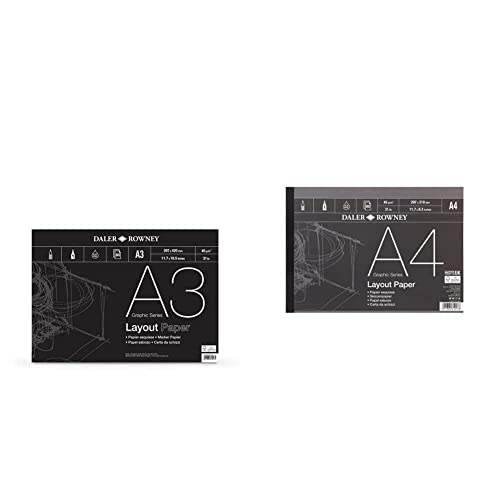 Daler-Rowney Graphic Series 45gsm A3 Layout Paper Pad Glued 1 Side, 80 White Sheets & A4 Layout Paper Pad Glued 1 Side, 80 White Sheets, Ideal for Professional Artists & Students