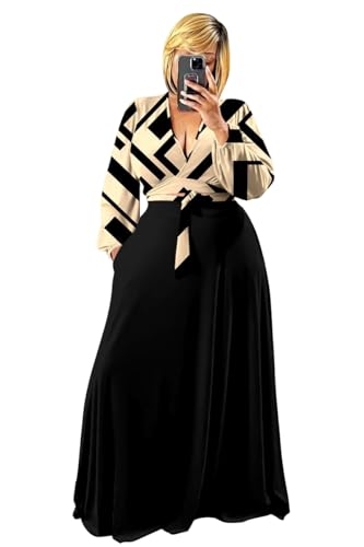 Image of Plus Size Women's 2 Piece Outfits Casual Long Sleeve Wrap Crop Top Maxi Long Dress Flowy Matching Sets
