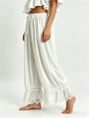 Image of UAURORAO Women Lace Trim Bloomer Pants Flowy Culottes Pantaloons Bloomers
