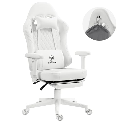 Dowinx Gaming Chair with Pocket Spring Cushion, Massage Game Chair Pu Leather with Headrest and Hanger, Ergonomic Computer Chair with Footrest for Adult, White, 300lbs